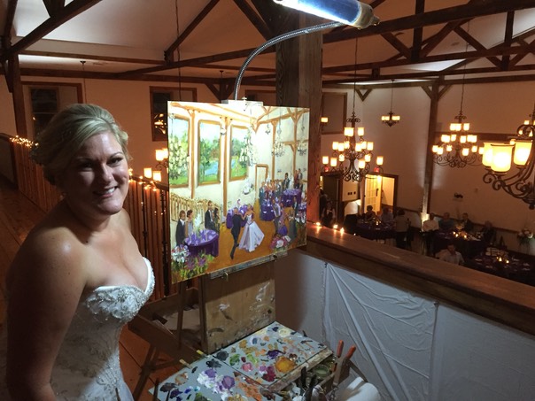 Gettysburg Bride with her live event wedding painting byJoan Zylkin The Event Painter.