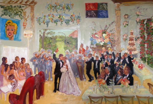 High style Texicana wedding with marriachi’s and funky disco painted live in Wichita Falls, Texas by Joan Zylkin The Event Painter.